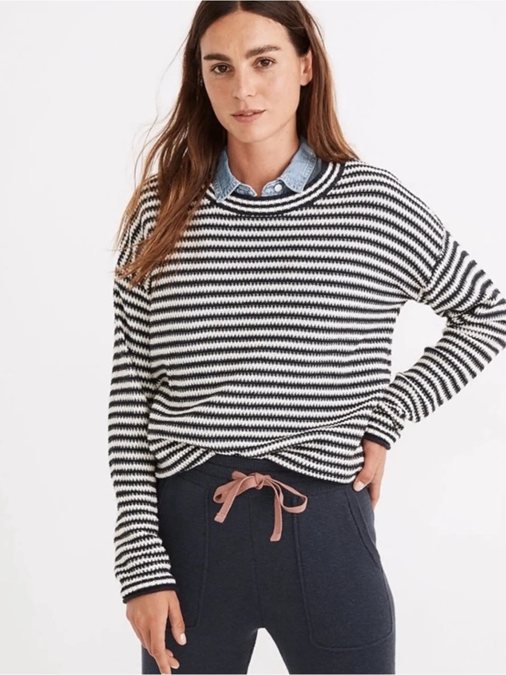 Madewell Black and White Striped Crewneck Sweater